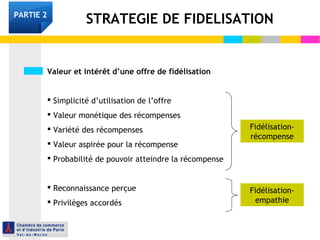 Valeur et intérêt d’une offre de fidélisation
 Simplicité d’utilisation de l’offre
 Valeur monétique des récompenses
 Variété des récompenses
 Valeur aspirée pour la récompense
 Probabilité de pouvoir atteindre la récompense
 Reconnaissance perçue
 Privilèges accordés
STRATEGIE DE FIDELISATION
Fidélisation-
récompense
Fidélisation-
empathie
PARTIE 2
 