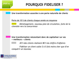Une transformation associée à une perte naturelle de clients
Perte de 10 % de clients chaque année en moyenne
Déménagement, nouveau plan de circulation, fuite de la
clientèle vers la concurrence
Une transformation nécessitant donc de capitaliser sur ses
« meilleurs » clients
20 % des clients réalisent 80 % du chiffre d’affaires
Fidéliser un client coûte 2 à 5 fois moins cher que d’en
conquérir un nouveau
POURQUOI FIDELISER ?PARTIE 1
 