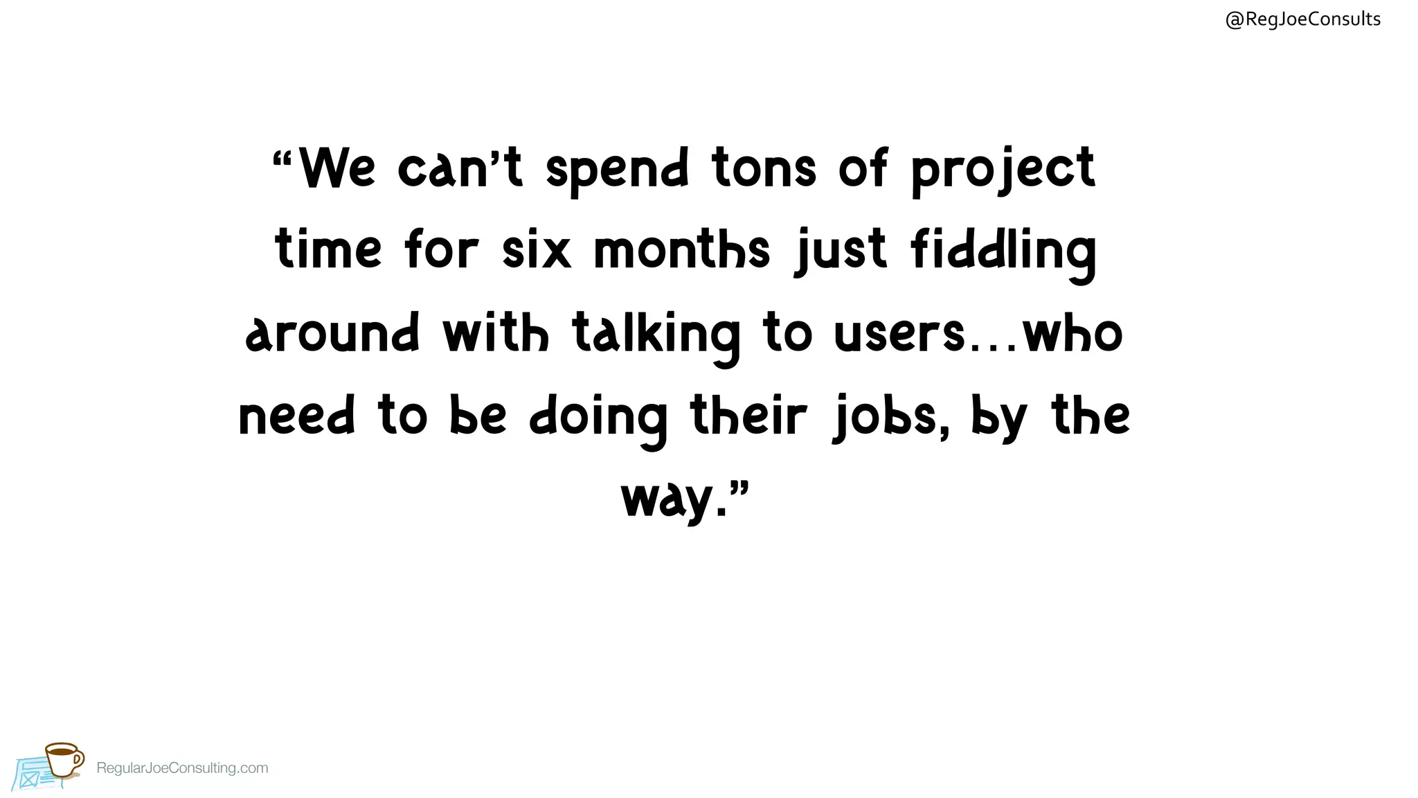 @RegJoeConsults
RegularJoeConsulting.com
“We can’t spend tons of project
time for six months just fiddling
around with talking to users…who
need to be doing their jobs, by the
way.”
 