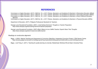REFERENCES
Commission on Higher Education. (2017). CMO No. 74, s. 2017: Policies, Standards, and Guidelines for Bachelor in Elementary Education (BEed).
Commission on Higher Education. (2017). CMO No. 75, s. 2017: Policies, Standards, and Guidelines for Bachelor in Secondary Education (BSEd).
Commission on Higher Education. (2017). CMO No. 76, s. 2017: Policies, Standards, and Guidelines for Bachelor in Early Childhood Education
(BECEd).
Commission on Higher Education. (2017). CMO No. 80, s. 2017: Policies, Standards, and Guidelines for Bachelor in Physical Education (BPEd).
Department of Education. (2017). Philippine Professional Standards for Teachers.
George Lucas Educational Foundation. (2001). Linda Darling-Hammond: Thoughts on Teacher Preparation.
https://www.edutopia.org/linda-darling-hammond-teacher-preparation
George Lucas Educational Foundation. (2007).What it Means to be a Skillful Teacher: Experts Share Their Thoughts.
https://www.edutopia.org/what-it-means-be-skillful-teacher
Readings on constructive alignment:
Biggs, J. (2003). Aligning Teaching and Assessment to Curriculum Objectives. Imaginative Curriculum Project, LTSN Generic Centre.
https://scholar.google.com/scholar?q=%22Aligning%20Teaching%20and%20Assessment%20to%20Curriculum%20Objectives%22
Biggs, J. and Tang, C. (2011). Teaching for quality learning at university. Maidenhead: McGraw-Hill and Open University Press.
17
 