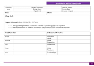 Technology for Teaching and Learning 2
183
Institution
Logo
Name of Institution Date Last Revised
College Name Revision Date
Department Semester Adopted
Vision Mission
College Goals
Program Outcomes (mula sa CMO No. 75, s. 2017 p. 4):
6.3.2.c. Nakagagamit ng iba’t ibang kasanayan at kaalaman sa proseso ng pagtuturo-pagkatuto.
6.3.2.e. Nakakapagdidisenyo ng malikhain, inobatibo, at integratibong dulog sa pagtuturo at pagkatuto
Class Information Instructor's Information
Section Instructor's
Name
Schedule Office
Designation
Time Office Hours
Venue Office
Telephone
Term E-mail Address
 