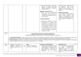 188
Technology for Teaching and Learning 2
• Base sa mga komento at mungkahi,
tatapusin ng bawat grupo ang
kanilang pagtayayang kagamitan
(assessment tools).
Ebalwasyon ng mga ICT Tools
• Gamit ang mga kagamitang
pampagtataya, ang bawat grupo ay
mag-ebalweyt ng napiling ICT tools o
online resources.
Keynote Presentation
• Pagkatapos ng ebalwasyon sa bawat
iminungkahing ICT materyal, ang
bawat grupo ay magbibigay ng isang
maikling “keynote presentation” kung
saan binibigyang lundo ang mga
inirerekomendang ICT tools o online
resources na ginagamit sa pagtuturo
at pagkatuto ng wika.
pagkatuto ng wika. Pagkatapos, sila
ay magpasya kung anong
pamantayan ang gagamitin sa
pagsusuri ng ICT tools sa ibinigay na
sitwasyon
• Group Work Evaluation
Ito ay binubuo ng mga simpleng
tanong upang makalikom ng
feedback sa mga reaksyon ng mga
studyante sa pag-ebalweyt ng ICT
tools sa pagtuturo at pagkatuto ng
wika.
Linggo
9 PANGGITNANG PAGSUSULIT / MIDTERM EXAMINATION
Pagsasagawang Pagtataya o Pasulat na Pasulit sa mga Paksang Natalakay mula Linggo 1-8.
A. Pagsasagawang Pagtataya. Isang set ng mga tanong o praktikal na mga pagsasanay ay pasalitang sasagutin o ipapakitang kasanayan. ng mga estudyante. May panel na
binububuo ng pinuno ng departamento, tagapagturo ng kurso, at isang senior faculty na magbibigay marka sa mga sagot o kasanayang ipanakita ng estudyante.
B. Pasulit na Pasulat. Ito ay binubuo ng alinman sa mga sumusunod na uri ng pagsusulit: pagpipipli (multiple choice), paglalapat (fill-in-the-blacks), pagtatapat (matching type),
o “constructive response type of test” na sumasakop sa mga paksa mula sa 1-8 na linggo.
Linggo
10
a. Naipakikita ang kaalaman sa
paggabay, alituntunin at
stratehiya sa pagsasanib ng ICT
tools;
1.1.1
A
Paksa
Guidelines, Principles, and
Strategies on ICT Integration
Answers to Focusing Questions
• Pangkatin ang mga studyante na may
tatlong miyembro. Mula sa video, ang
bawat pangkat ay makahinuha ng
gabay, alituntunin, at stratehiya sa
pagsasanib ng ICT tools.
• Application Cards
Ang mga estudyante ay magsusulat
ng isang makatotohanang
pagsasabuhay sa kanilang mga
natutunan tungkol sa gabay,
alituntunin at stratehiya sa pagsasanib
ng ICT.
1.1.1
 