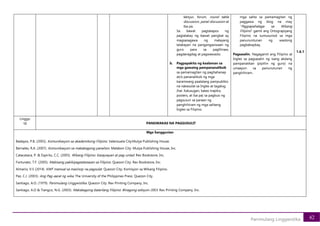 42
Panimulang Linggwistika
lektyur, forum, round table
discussion, panel discussion at
iba pa.
Sa bawat pagtatapos ng
pagtalakay ng bawat pangkat ay
magsasagawa ng malayang
talakayan na pangangasiwaan ng
guro para sa paglilinaw,
pagdaragdag at pagwawasto.
b. Pagpapakita ng kaalaman sa
mga gawaing pampananaliksik
sa pamamagitan ng paghahanap
at/o pananaliksik ng mga
karaniwang paalalang pampubliko
na nakasulat sa Ingles at tagalog
(hal. Kalusugan, batas trapiko,
posters, at iba pa) sa pagbuo ng
pagsusuri sa paraan ng
panghihiram ng mga salitang
Ingles sa Filipino.
mga salita sa pamamagitan ng
paggawa ng blog na may
“Pagpapahalaga sa Wikang
Filipino” gamit ang Ortograpiyang
Filipino na sumusunod sa mga
panununtunan ng wastong
pagbabaybay.
Pagsasalin. Nagagamit ang Filipino at
Ingles sa pagsasalin ng isang akdang
pampanatikan (pipiliin ng guro) na
umaayon sa panunutunan ng
panghihiram.
1.6.1
Linggo
18 PANGWAKAS NA PAGSUSULIT
Mga Sanggunian
Badayos, P.B. (2005). Komunikasyon sa akademikong Filipino. Valenzuela City:Mutya Publishing House.
Bernales, R.A. (2007). Komunikasyon sa makabagong panahon. Malabon City: Mutya Publishing House, Inc.
Catacataca, P. & Espiritu, C.C. (2005). Wikang Filipino: Kasaysayan at pag-unlad. Rex Bookstore, Inc.
Fortunato, T.F. (2005). Mabisang pakikipagtalastasan sa Filipino. Quezon City: Rex Bookstore, Inc.
Almario, V.S (2014). KWF manwal sa masinop na pagsulat. Quezon City: Komisyon sa Wikang Filipino.
Paz, C.J. (2003). Ang Pag-aaral ng wika. The University of the Philippines Press: Quezon City.
Santiago, A.O. (1979). Panimulang Linggwistika. Quezon City. Rex Printing Company, Inc.
Santiago, A.O & Tiangco, N.G. (2003). Makabagong balarilang Filipino: Binagong edisyon 2003. Rex Printing Company, Inc.
 