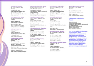 4
Centro Escolar University
Ma. Cristina D. Padolina, DBA
President
Teresa R. Perez, DBA
Vice President for Academic Affairs
Maria Rita D. Lucas, DBA
Dean, School of Education-Liberal Arts-
Music-Social Work
De La Salle University – Manila
Br. Raymundo B. Suplido FSC,
President
Robert C. Roleda, DBA
Vice Chancellor for Academics
Raymund C. Sison, DBA
Dean, Br. Andrew Gonzalez FSC
College of Education (BAGCED)
Leyte Normal University
Jude A. Duarte, DPA
President
Evelyn B. Aguirre, DA
Vice President for Academic Affairs
Prof. Lina G. Fabian
Dean, College of Education
Pangasinan State University
Dexter R. Buted, DBA
President
Paulo V. Cenas, EdD
Former OIC-Office of the President
Manolito C. Manuel, EdD
Vice President for Academic Affairs
Roy C. Ferrer DBA
Dean, College of Education (Bayambang)
Rosario DL. Valencerina EdD
Dean, College of Education (Lingayen)
Philippine Normal University – Manila
Ma. Antoinette C. Montealegre, DA
OIC- Office of the President
Rosemarievic V. Diaz, DBA
Vice President for Research, Planning and
Quality Assurance
Rita B. Ruscoe, DBA
Dean, College of Teacher Development
Saint Louis University – Baguio
Rev. Fr. Gilbert B. Sales, CICM, DBA
President
Roberto M. Arguelles, DBA
Vice President for Academic Affairs
Felina P. Espique, DBA
Dean, School of Teacher Education and
Liberal Arts
Saint Mary’s University – Bayombong
Rev. Fr. Fernold G. Denna, CICM
President
Moises AlexanderT. Asuncion, DBA
Vice President for Academic Affairs
Dr. Ma. Teresa B. Tayaban
Dean, School of Teacher Education and
Humanities
Southern Leyte State University
Prose Ivy G. Yepes, EdD
President
Juanita M. Costillas, DBA
Vice President for Academic Affairs
Frederick C. Aniga, DBA
Dean, College of Teacher Education
University of Asia and the Pacific
Winston Conrad B. Padojinog, DBA
President
Amado P. Saquido, DBA
Vice President for Academic Affairs
Celerino C. Tiongco, EdD
Dean, School of Education and Human
Development
University of the Cordilleras
Ray Dean D. Salvosa, AB, MPh
President
Nancy M. Flores
Executive Vice President
Rhodora A. Ngolob, DBA
Former OIC- Vice President for Academic
Affairs
Ramir Austria, DBA
Dean, College of Teacher Education
University of San Jose – Recoletos
Rev. Fr. Cristopher C. Maspara, OAR,
President
Rev. Fr. Leo G. Alaras, OAR
Vice President for Academics
Jestoni P. Babia, LPT, EdD
Dean, College of Education
Xavier University – Ateneo de Cagayan
Fr. Roberto C. Yap, SJ
President
Fr. Rene Tacastacas, SJ
Vice President of Higher Education
Jovelyn G Delosa, DBA
Dean, School of Education
Western Mindanao State University
Milabel Enriquez-Ho, RN, EdD
President
Ma. Carla A. Ochotorena, DBA
Vice President for Academic Affairs
Nolan S. Iglesia, EdD
Dean, College of Teacher Education
Other Partners in Pre-service
Projects
Adamson University
Central Luzon State University
Don Mariano Marcos Memorial State University
Far Eastern University
Negros Oriental State University
Palawan State University
Tarlac Agricultural University
TEC and RCTQ also acknowledge all
course teachers, deans,
administrators and personnel from
teacher education institutions,
DepEd teachers, principals/school
heads, supervisors, superintendents
and educators who took part in the
development and validation works.
We also acknowledge the Basic
Education Sector Transformation
(BEST) program for funding
activities that supported the project.
4
 