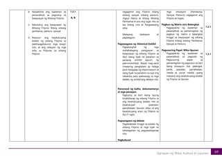 69
Ugnayan ng Wika, Kultura at Lipunan
b. Naipakikita ang kaalaman sa
pananaliksik sa pagtukoy sa
kasaysayan ng Wikang Filipino:
c. Natutukoy ang kasaysayan ng
Wikang Filipino Bilang wikang
pambansa, panturo, opisyal.
d. Nasusuri ang kasalukuyang
estado ng wikang Filipino sa
pakikipagdiskurso, mga varayti
nito, at ang relasyon ng mga
wika sa Pilipinas sa wikang
Filipino.
1.2.1
A, B
nagagamit ang Filipino bilang
wikang opisyal, wikang panturo,
lingua franca at bilang Wikang
Pambansa at ano ang lugar nito sa
tao bilang Una at Pangalawang
wika.
Malayang talakayan at
paglalagom.
Pagsasagawa ng Historical Exhibit
Pagtatanghal ng mga
mahahalagang pangyayari sa
kasaysayan ng wikang Filipino sa
iba’t ibang tiyak na panahon sa
paraang exhibit (ayusin ng
pakronolohikal). Bawat mag-aaral
(maaaring pangkatan) ay italaga
para mangalap ng impormasyon sa
isang tiyak na panahon na siya ring
nakatuka para ipaliwanag sa mga
dadalo ng exhibit ang detalye nito.
Panonood ng balita, dokumentaryo
at mga panayam.
Pagtukoy sa iba’t ibang isyung
kinakaharap ng wikang Filipino at
ang kasalukuyang estado nito sa
kasalukuyan (paaralan,
pamahalaan, lipunan, atbp.) at ang
kasalukuyang anyo ng Filipino sa
ika-21 siglo.
Pagsasagawa ng debate
Pagdedebate hinggil sa estado ng
wikang Filipino at mga tiyak na
kahalagahan ng pagpapalaganap
nito.
Pagbubuod
mga sitwasyon (Pambansa,
Opisyal, Panturo) nagagamit ang
Filipino at Ingles.
Pagbuo ng Matrix at/o Balangkas
Pagpapakita ng kaalaman sa
pananaliksik sa pamamagitan ng
pagbuo ng matrix o balangkas
hinggil sa kasaysayan ng wikang
Filipino bilang wikang Pambansa,
Opisyal at Panturo.
Pagsusuring Papel: Wika-lipunan
Pagpapakita ng kaalaman sa
pananaliksik sa pagsulat ng
Pagsusuring papel sa
pamamagitan ng pagsusuri sa iba’t
ibang sitwasyon (hal. palengke,
parke, paaralan, pamahalaan,
media at social media) upang
matukoy ang kasalukuyang estado
ng Filipino sa lipunan.
1.2.1
1.2.1
 