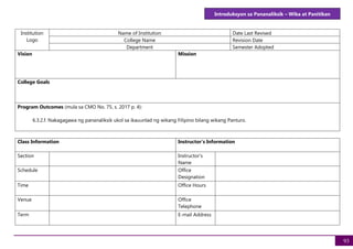 Introduksyon sa Pananaliksik – Wika at Panitikan
93
Institution
Logo
Name of Institution Date Last Revised
College Name Revision Date
Department Semester Adopted
Vision Mission
College Goals
Program Outcomes (mula sa CMO No. 75, s. 2017 p. 4):
6.3.2.f. Nakagagawa ng pananaliksik ukol sa ikauunlad ng wikang Filipino bilang wikang Panturo.
Class Information Instructor's Information
Section Instructor's
Name
Schedule Office
Designation
Time Office Hours
Venue Office
Telephone
Term E-mail Address
 