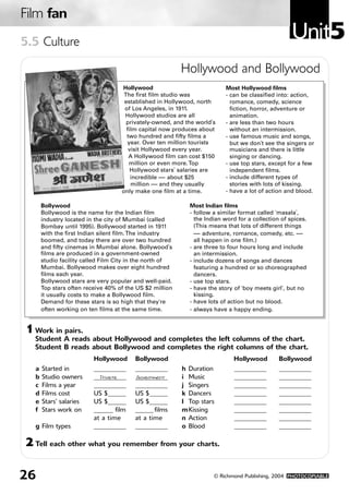 Film fan
5.5 Culture
                                                                                                 Unit5
                                                         Hollywood and Bollywood
                                   Hollywood                            Most Hollywood films
                                    The first film studio was           - can be classified into: action,
                                    established in Hollywood, north       romance, comedy, science
                                    of Los Angeles, in 1911.              fiction, horror, adventure or
                                    Hollywood studios are all             animation.
                                     privately-owned, and the world’s   - are less than two hours
                                     film capital now produces about      without an intermission.
                                     two hundred and fifty films a      - use famous music and songs,
                                      year. Over ten million tourists     but we don’t see the singers or
                                      visit Hollywood every year.         musicians and there is little
                                      A Hollywood film can cost $150      singing or dancing.
                                      million or even more. Top         - use top stars, except for a few
                                       Hollywood stars’ salaries are      independent films.
                                       incredible — about $25           - include different types of
                                       million — and they usually         stories with lots of kissing.
                                   only make one film at a time.        - have a lot of action and blood.

      Bollywood                                            Most Indian films
      Bollywood is the name for the Indian film            - follow a similar format called ‘masala’,
      industry located in the city of Mumbai (called         the Indian word for a collection of spices.
      Bombay until 1995). Bollywood started in 1911          (This means that lots of different things
      with the first Indian silent film. The industry        — adventure, romance, comedy, etc. —
      boomed, and today there are over two hundred           all happen in one film.)
      and fifty cinemas in Mumbai alone. Bollywood’s       - are three to four hours long and include
      films are produced in a government-owned               an intermission.
      studio facility called Film City in the north of     - include dozens of songs and dances
      Mumbai. Bollywood makes over eight hundred             featuring a hundred or so choreographed
      films each year.                                       dancers.
      Bollywood stars are very popular and well-paid.      - use top stars.
      Top stars often receive 40% of the US $2 million     - have the story of ‘boy meets girl’, but no
      it usually costs to make a Bollywood film.             kissing.
      Demand for these stars is so high that they’re       - have lots of action but no blood.
      often working on ten films at the same time.         - always have a happy ending.


1 Work in pairs.
  Student A reads about Hollywood and completes the left columns of the chart.
  Student B reads about Bollywood and completes the right columns of the chart.
                         Hollywood      Bollywood                          Hollywood         Bollywood
  a   Started in         __________     __________       h Duration         __________       __________
  b   Studio owners      __________
                           Private      __________
                                        Government       i Music            __________       __________
  c   Films a year       __________     __________       j Singers          __________       __________
  d   Films cost         US $______     US $______       k Dancers          __________       __________
  e   Stars’ salaries    US $______     US $______       l Top stars        __________       __________
  f   Stars work on      ______ film    ______ films     mKissing           __________       __________
                         at a time      at a time        n Action           __________       __________
  g Film types           __________     __________       o Blood            __________       __________

2 Tell each other what you remember from your charts.

26                                                                  © Richmond Publishing, 2004 PHOTOCOPIABLE
 