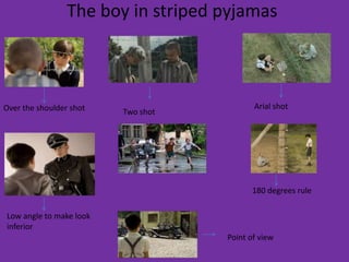 The boy in striped pyjamas



Over the shoulder shot                     Arial shot
                         Two shot




                                           180 degrees rule

Low angle to make look
inferior
                                    Point of view
 
