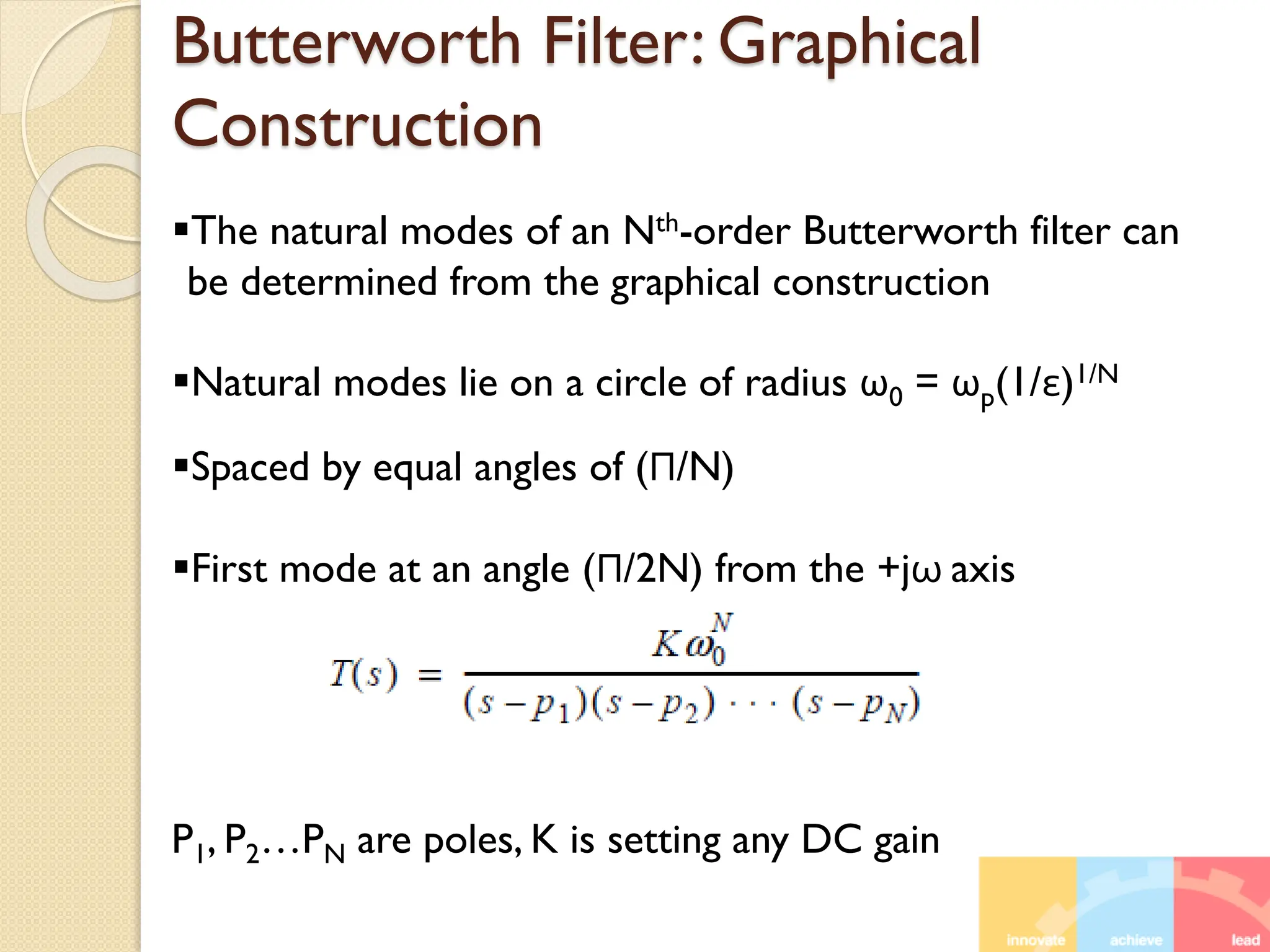 Butterworth Filter: Graphical
Construction
The natural modes of an Nth-order Butterworth filter can
be determined from the graphical construction
Natural modes lie on a circle of radius ω0 = ωp(1/ε)1/N
Spaced by equal angles of (П/N)
First mode at an angle (П/2N) from the +jω axis
P1, P2…PN are poles, K is setting any DC gain
 