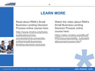 Enterprise Risk · Credit Risk · Market Risk · Operational Risk · Regulatory Compliance · Securities Lending
38
JOIN. ENGAGE. LEAD.
Read about RMA’s Small
Business Lending Decision
Process online course here:
http://www.rmahq.org/tools-
publications/rma-
university/rma-university-
online/small-business-
lending-decision-process
LEARN MORE
Watch the video about RMA’s
Small Business Lending
Decision Process online
course here:
https://ebiz.rmahq.org/eBusP
PRO/courses/sbldp_tutorial/h
elpcourse/course.htm?
 