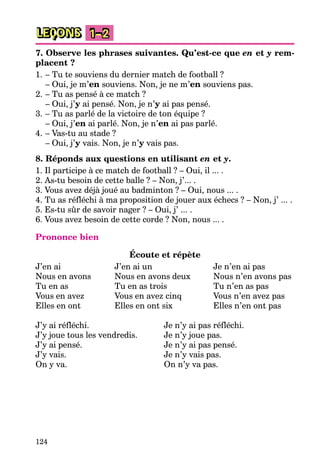124
LEÇONS 1–2
7. Observe les phrases suivantes. Qu’est-ce que en et y rem-
placent ?
1. – Tu te souviens du dernier match de football ?
– Oui, je m’en souviens. Non, je ne m’en souviens pas.
2. – Tu as pensé à ce match ?
– Oui, j’y ai pensé. Non, je n’y ai pas pensé.
3. – Tu as parlé de la victoire de ton équipe ?
– Oui, j’en ai parlé. Non, je n’en ai pas parlé.
4. – Vas-tu au stade ?
– Oui, j’y vais. Non, je n’y vais pas.
8. Réponds aux questions en utilisant en et y.
1. Il participe à ce match de football ? – Oui, il ... .
2. As-tu besoin de cette balle ? – Non, j’... .
3. Vous avez déjà joué au badminton ? – Oui, nous ... .
4. Tu as réfléchi à ma proposition de jouer aux échecs ? – Non, j’ ... .
5. Es-tu sûr de savoir nager ? – Oui, j’ ... .
6. Vous avez besoin de cette corde ? Non, nous ... .
Prononce bien
Écoute et répète
J’en ai J’en ai un Je n’en ai pas
Nous en avons Nous en avons deux Nous n’en avons pas
Tu en as Tu en as trois Tu n’en as pas
Vous en avez Vous en avez cinq Vous n’en avez pas
Elles en ont Elles en ont six Elles n’en ont pas
J’y ai réfléchi. Je n’y ai pas réfléchi.
J’y joue tous les vendredis. Je n’y joue pas.
J’y ai pensé. Je n’y ai pas pensé.
J’y vais. Je n’y vais pas.
On y va. On n’y va pas.
 