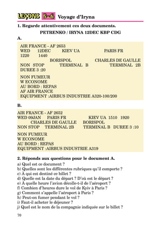 70
LEÇONS Voyage d’Iryna5–6
1. Regarde attentivement ces deux documents.
PETRENKO / IRYNA 12DEC KBP CDG
A.
AIR FRANCE - AF 2653
WED 12DEC KIEV UA PARIS FR
1220 1440
BORISPOL CHARLES DE GAULLE
NON STOP TERMINAL B TERMINAL 2B
DUREE 3 :20
NON FUMEUR
W ECONOME
AU BORD : REPAS
AF AIR FRANCE
EQUIPMENT :AIRBUS INDUSTRIE A320-100/200
B.
AIR FRANCE - AF 2652
WED 09JAN PARIS FR KIEV UA 1510 1920
CHARLES DE GAULLE BORISPOL
NON STOP TERMINAL 2B TERMINAL B DUREE 3 :10
NON FUMEUR
W ECONOME
AU BORD : REPAS
EQUIPMENT :AIRBUS INDUSTRIE A319
2. Réponds aux questions pour le document A.
a) Quel est ce document ?
b) Quelles sont les différentes rubriques qu’il comporte ?
c) À qui est destiné ce billet ?
d) Quelle est la date du départ ? D’où est le départ ?
e) À quelle heure l’avion décolle-t-il de l’aéroport ?
f) Combien d’heures dure le vol de Kyiv à Paris ?
g) Comment s’appelle l’aéroport à Paris ?
h) Peut-on fumer pendant le vol ?
i) Faut-il acheter le déjeuner ?
j) Quel est le nom de la compagnie indiquée sur le billet ?
 
