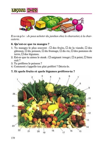 170
LEÇONS 9–10
E x e m p l e : Je peux acheter du jambon chez le charcutier, à la char-
cuterie.
6. Qu’est-ce que tu manges ?
1. Tu manges le plus souvent : des fruits, de la viande, des
gâteaux, du poisson, du fromage, du riz, des pommes de
terre, des légumes.
2. Est-ce que tu aimes le steak : saignant (rouge), à point, bien
cuit ?
3. Tu préfères le poisson ?
4. Comment s’appelle ton plat préféré ? Décris-le.
7. Et quels fruits et quels légumes préfères-tu ?
 