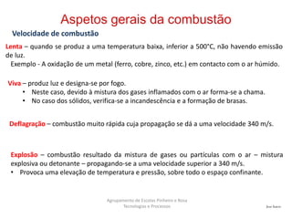 José Inácio
Agrupamento de Escolas Pinheiro e Rosa
Tecnologias e Processos
Velocidade de combustão
Lenta – quando se produz a uma temperatura baixa, inferior a 500°C, não havendo emissão
de luz.
Exemplo - A oxidação de um metal (ferro, cobre, zinco, etc.) em contacto com o ar húmido.
Viva – produz luz e designa-se por fogo.
• Neste caso, devido à mistura dos gases inflamados com o ar forma-se a chama.
• No caso dos sólidos, verifica-se a incandescência e a formação de brasas.
Deflagração – combustão muito rápida cuja propagação se dá a uma velocidade 340 m/s.
Explosão – combustão resultado da mistura de gases ou partículas com o ar – mistura
explosiva ou detonante – propagando-se a uma velocidade superior a 340 m/s.
• Provoca uma elevação de temperatura e pressão, sobre todo o espaço confinante.
 