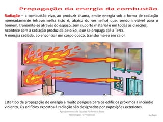 José Inácio
Agrupamento de Escolas Pinheiro e Rosa
Tecnologias e Processos
Radiação – a combustão viva, ao produzir chama, emite energia sob a forma de radiação
nomeadamente infravermelha (isto é, abaixo do vermelho) que, sendo invisível para o
homem, transmite-se através do espaço, sem suporte material e em todas as direções.
Acontece com a radiação produzida pelo Sol, que se propaga até à Terra.
A energia radiada, ao encontrar um corpo opaco, transforma-se em calor.
Este tipo de propagação de energia é muito perigosa para os edifícios próximos a incêndio
violento. Os edifícios expostos à radiação são designados por exposições exteriores.
 