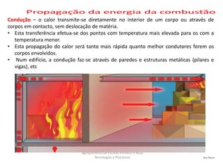 José Inácio
Agrupamento de Escolas Pinheiro e Rosa
Tecnologias e Processos
Condução – o calor transmite-se diretamente no interior de um corpo ou através de
corpos em contacto, sem deslocação de matéria.
• Esta transferência efetua-se dos pontos com temperatura mais elevada para os com a
temperatura menor.
• Esta propagação do calor será tanto mais rápida quanto melhor condutores forem os
corpos envolvidos.
• Num edifício, a condução faz-se através de paredes e estruturas metálicas (pilares e
vigas), etc
 