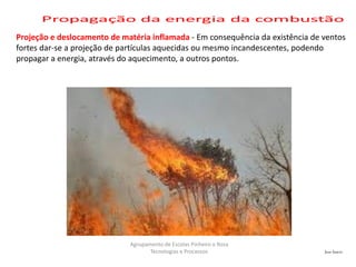 José Inácio
Agrupamento de Escolas Pinheiro e Rosa
Tecnologias e Processos
Projeção e deslocamento de matéria inflamada - Em consequência da existência de ventos
fortes dar-se a projeção de partículas aquecidas ou mesmo incandescentes, podendo
propagar a energia, através do aquecimento, a outros pontos.
 