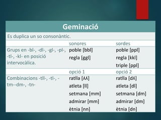 Geminació
Es duplica un so consonàntic.
sonores sordes
Grups en -bl-, -dl-, -gl-, -pl-,
-tl-, -kl- en posició
intervocàlica.
poble [bbl]
regla [ggl]
poble [ppl]
regla [kkl]
triple [ppl]
opció 1 opció 2
Combinacions -tll-, -tl-, -
tm--dm-, -tn-
ratlla [ʎʎ]
atleta [ll]
setmana [mm]
admirar [mm]
ètnia [nn]
ratlla [dʎ]
atleta [dl]
setmana [dm]
admirar [dm]
ètnia [dn]
 