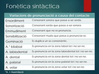 Fonètica sintàctica
Variacions de pronunciació a causa del contacte
Ensordiment Consonant sonora que passa a ser sorda.
Sonorització Consonant sorda que passa a ser sonora.
Emmudiment Consonant que no es pronuncia.
Sensibilització Consonant muda que passa a pronunciar-se.
Geminació Es duplica un so consonàntic.
A.* bilabial Es pronuncia en la zona labial tot i no ser-ne.
A. labiodental Es pronuncia en la zona labiodental tot i no ser-ne.
A. dental Es pronuncia en la zona dental tot i no ser-ne.
A. palatal Es pronuncia en la zona palatal tot i no ser-ne.
A. velar Es pronuncia en la zona velar tot i no ser-ne.
*A. = Assimilació
 