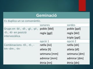 Geminació
Es duplica un so consonàntic.
sonores sordes
Grups en -bl-, -dl-, -gl-, -pl-,
-tl-, -kl- en posició
intervocàlica.
poble [bbl]
regla [ggl]
poble [ppl]
regla [kkl]
triple [ppl]
opció 1 opció 2
Combinacions -tll-, -tl-, -
tm--dm-, -tn-
ratlla [ʎʎ]
atleta [ll]
setmana [mm]
admirar [mm]
ètnia [nn]
ratlla [dʎ]
atleta [dl]
setmana [dm]
admirar [dm]
ètnia [dn]
 