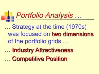 Portfolio Analysis …
… Strategy at the time (1970s)
was focused on two dimensions
of the portfolio grids …
… Industry Attractiveness
… Competitive Position

 