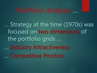 Portfolio Analysis …
… Strategy at the time (1970s) was
focused on two dimensions of
the portfolio grids …
… Industry Attractiveness
… Competitive Position
 