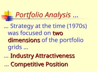 Portfolio Analysis …
… Strategy at the time (1970s)
was focused on two
two
dimensions
dimensions of the portfolio
grids …
… Industry Attractiveness
Industry Attractiveness
… Competitive Position
Competitive Position
 