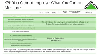 KPI: You Cannot Improve What You Cannot
Measure
Urgency Priority Category Users Business
area
Help Desk 1st / 2nd / 3rd /
external level By time of day
Average time taken to restore the incident
How many of these incident were first time resolution
The percentage of incidents assigned more than twice
Number and percentage of incidents incorrectly assigned
Number and percentage of Incidents incorrectly categorized
N° of Incident received in a month
N° of repetitive incident received (in a month)
How often you have received similar incidents for a particular device or
data center.
The number or percentage of major incidents
Number and type of reoccurring incidents.
This will indicate the accuracy of correct resolution offered at very
first go. Recording that will improve future resolution
Linked to the Problem
Management
Nowadays there is not a KPI system for each level. There are KPIs for the whole proccess but they are used only a little and
not to improve the performance but just to measure the level of service from external level.
 