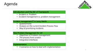 Agenda
2
Introduction and the Itil v3 Framework
• Incident vs. Problem
• Incident management vs. problem management
Incident management IT in Leroy Merlin
• Questionnaire
• Analysis on the current Incident Process Flow
• Way of prioritizing incidents
New Problem Management for LM
• Objectives of Problem management
• The process from scratch
• Integration Interfaces
Implementation
• 3 scenarios on how to deal with implementation
 