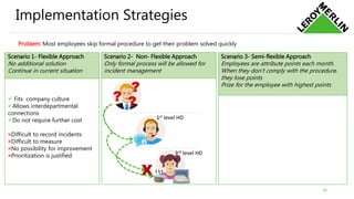 Implementation Strategies
Problem: Most employees skip formal procedure to get their problem solved quickly
Scenario 1- Flexible Approach
No additional solution
Continue in current situation
 Fits company culture
Allows interdepartmental
connections
Do not require further cost
×Difficult to record incidents
×Difficult to measure
×No possibility for improvement
×Prioritization is justified
Scenario 3- Semi-flexible Approach
Employees are attribute points each month.
When they don’t comply with the procedure,
they lose points
Prize for the employee with highest points
Scenario 2- Non- Flexible Approach
Only formal process will be allowed for
incident management
26
1st level HD
3rd level HD
X
 