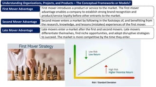 Understanding Organizations, Projects, and Products – The Conceptual Frameworks or Models?
First Mover Advantage First mover introduces a product or service to the market. The first-mover
advantage enables a company to establish strong brand recognition and
product/service loyalty before other entrants to the market.
Second mover enters a market by following in the footsteps of, and benefitting from
the research, knowledge, and lessons (mistakes) experiences of the first mover.
Second Mover Advantage
Late movers enter a market after the first and second movers. Late movers
differentiate themselves, find niche opportunities, and adopt disruptive strategies
to succeed. The market is more competitive by the time they enter.
Late Mover Advantage
 