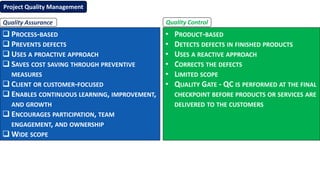  PROCESS-BASED
 PREVENTS DEFECTS
 USES A PROACTIVE APPROACH
 SAVES COST SAVING THROUGH PREVENTIVE
MEASURES
 CLIENT OR CUSTOMER-FOCUSED
 ENABLES CONTINUOUS LEARNING, IMPROVEMENT,
AND GROWTH
 ENCOURAGES PARTICIPATION, TEAM
ENGAGEMENT, AND OWNERSHIP
 WIDE SCOPE
• PRODUCT-BASED
• DETECTS DEFECTS IN FINISHED PRODUCTS
• USES A REACTIVE APPROACH
• CORRECTS THE DEFECTS
• LIMITED SCOPE
• QUALITY GATE - QC IS PERFORMED AT THE FINAL
CHECKPOINT BEFORE PRODUCTS OR SERVICES ARE
DELIVERED TO THE CUSTOMERS
Quality Assurance Quality Control
Project Quality Management
 