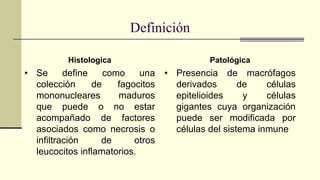 Definición
Histologica
• Se define como una
colección de fagocitos
mononucleares maduros
que puede o no estar
acompañado de factores
asociados como necrosis o
infiltración de otros
leucocitos inflamatorios.
Patológica
• Presencia de macrófagos
derivados de células
epitelioides y células
gigantes cuya organización
puede ser modificada por
células del sistema inmune
 