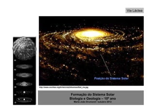 Via Láctea




http://www.oocities.org/br/ielcinis2/diversos/Sist_via.jpg



                                    Formação do Sistema Solar
                                   Biologia e Geologia – 10º ano
                                        Maria João Drumond / outubro 2012
 