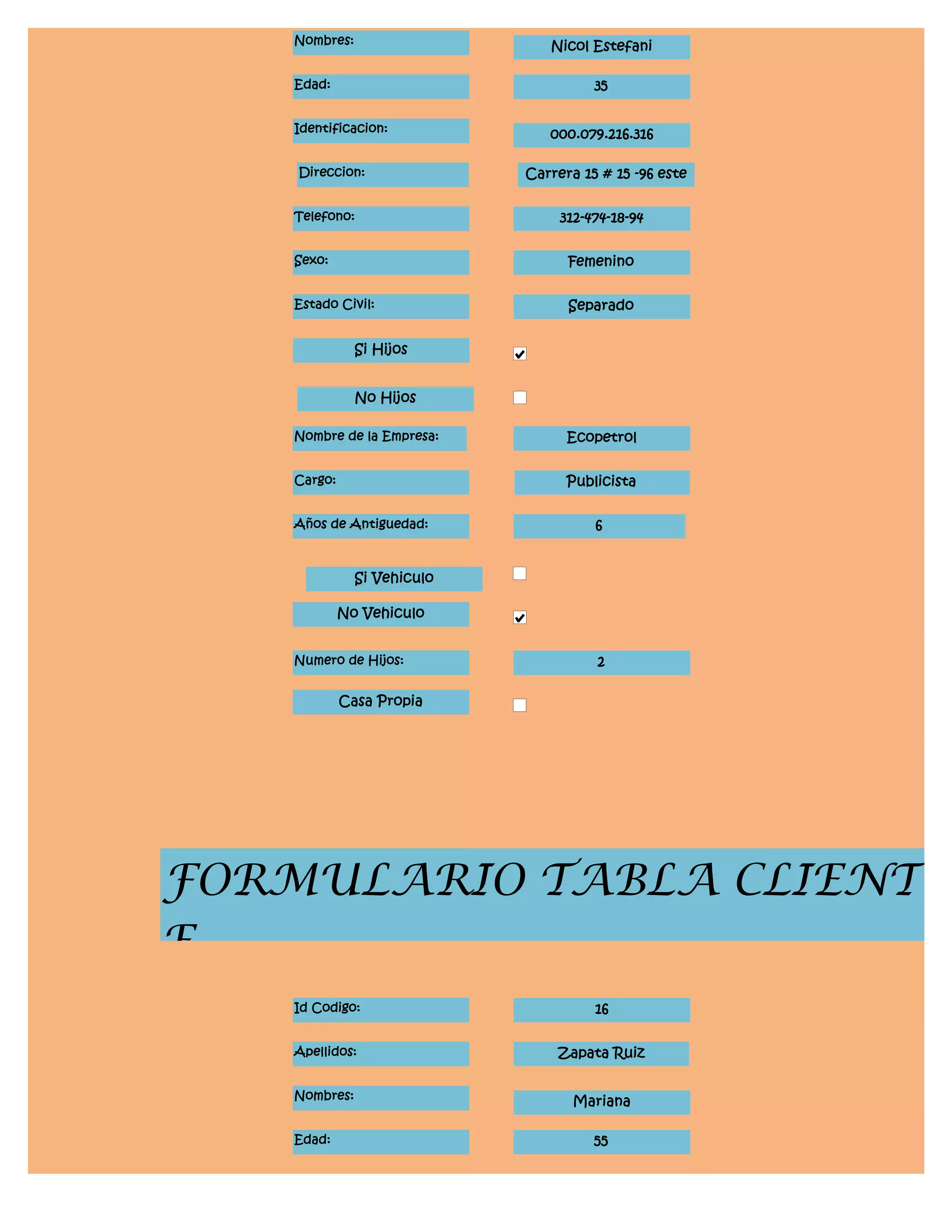 Nombres:                    Nicol Estefani

    Edad:                              35


    Identificacion:             000.079.216.316

    Direccion:               Carrera 15 # 15 -96 este


    Telefono:                     312-474-18-94


    Sexo:                          Femenino


    Estado Civil:                  Separado


               Si Hijos


               No Hijos

    Nombre de la Empresa:          Ecopetrol


    Cargo:                         Publicista


    Años de Antiguedad:                6


               Si Vehiculo

             No Vehiculo


    Numero de Hijos:                   2

             Casa Propia




FORMULARIO TABLA CLIENT
E
    Id Codigo:                         16


    Apellidos:                   Zapata Ruiz


    Nombres:                        Mariana

    Edad:                              55
 