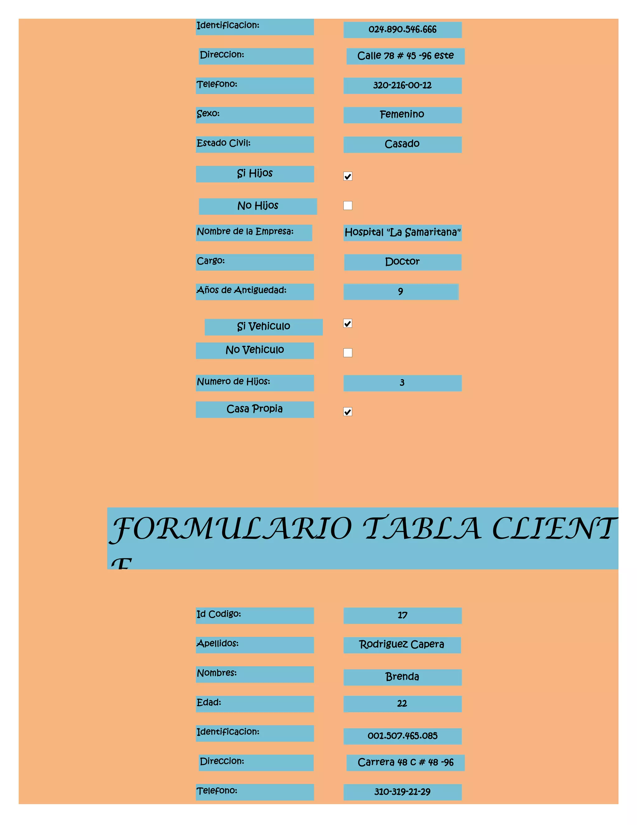 Identificacion:              024.890.546.666

    Direccion:                 Calle 78 # 45 -96 este


    Telefono:                     320-216-00-12


    Sexo:                           Femenino


    Estado Civil:                    Casado


               Si Hijos


               No Hijos

    Nombre de la Empresa:    Hospital "La Samaritana"


    Cargo:                           Doctor


    Años de Antiguedad:                 9


               Si Vehiculo

             No Vehiculo


    Numero de Hijos:                    3

             Casa Propia




FORMULARIO TABLA CLIENT
E
    Id Codigo:                          17


    Apellidos:                  Rodriguez Capera


    Nombres:                         Brenda

    Edad:                               22


    Identificacion:              001.507.465.085

    Direccion:                 Carrera 48 c # 48 -96


    Telefono:                      310-319-21-29
 