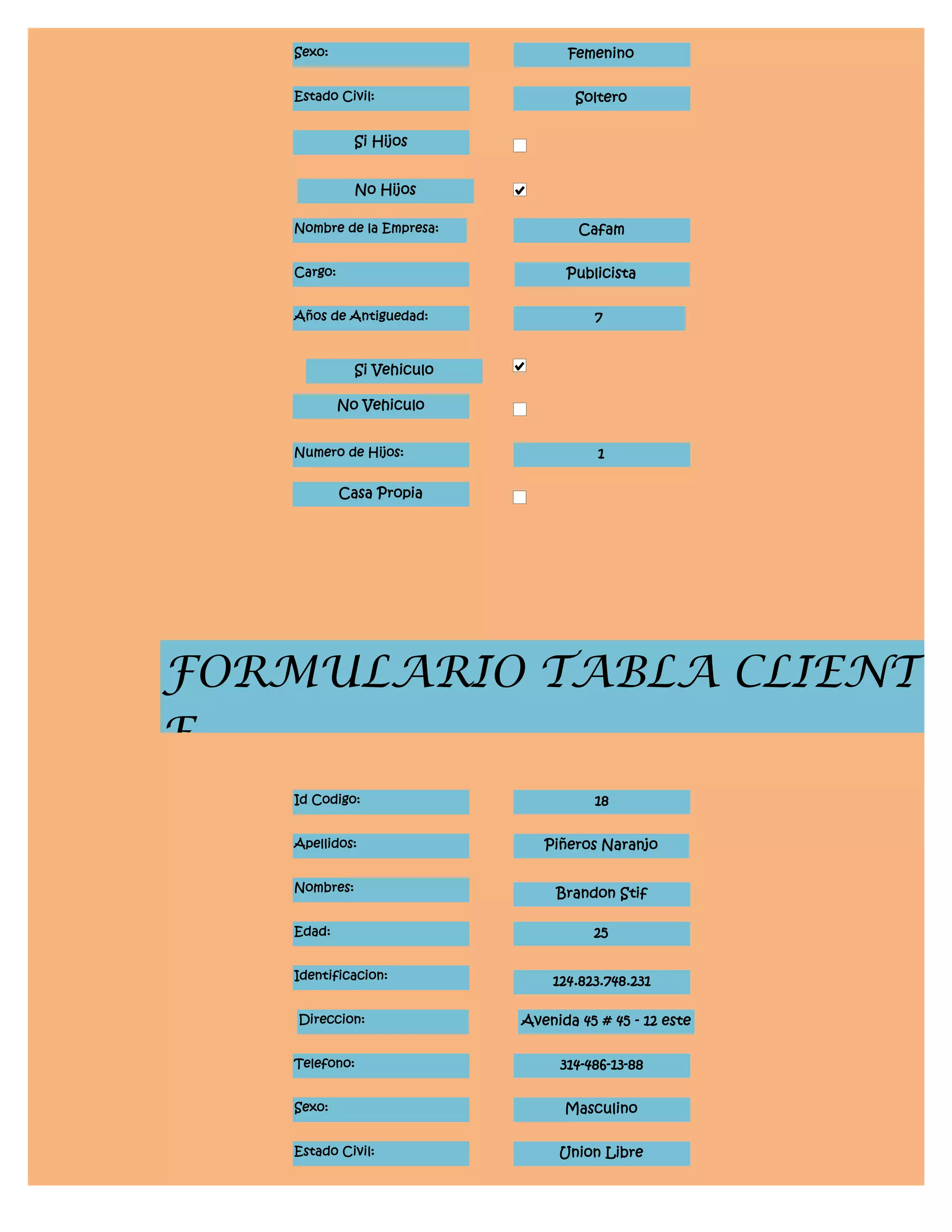 Sexo:                          Femenino


    Estado Civil:                   Soltero


               Si Hijos


               No Hijos

    Nombre de la Empresa:            Cafam


    Cargo:                         Publicista


    Años de Antiguedad:                7


               Si Vehiculo

             No Vehiculo


    Numero de Hijos:                    1

             Casa Propia




FORMULARIO TABLA CLIENT
E
    Id Codigo:                         18


    Apellidos:                  Piñeros Naranjo


    Nombres:                      Brandon Stif

    Edad:                              25


    Identificacion:              124.823.748.231

    Direccion:               Avenida 45 # 45 - 12 este


    Telefono:                     314-486-13-88


    Sexo:                          Masculino


    Estado Civil:                 Union Libre
 