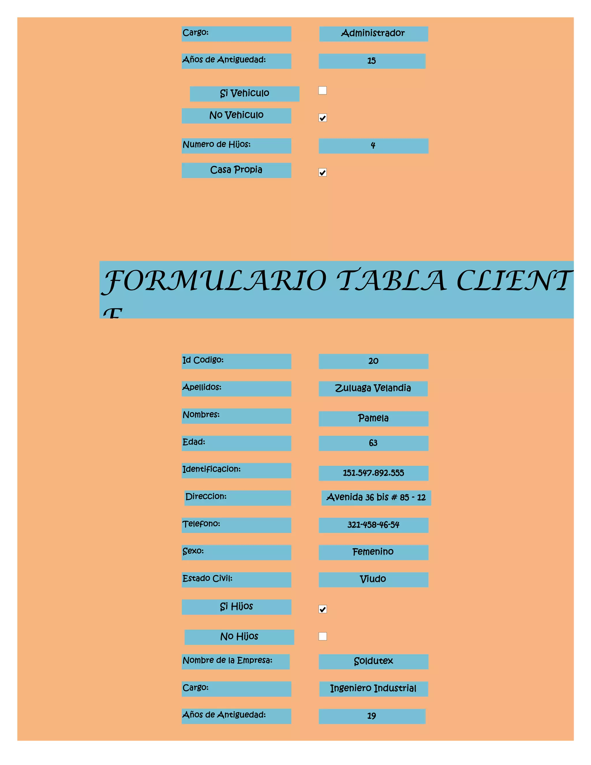 Cargo:                      Administrador


    Años de Antiguedad:               15


               Si Vehiculo

             No Vehiculo


    Numero de Hijos:                   4

             Casa Propia




FORMULARIO TABLA CLIENT
E
    Id Codigo:                         20


    Apellidos:                 Zuluaga Velandia


    Nombres:                        Pamela

    Edad:                              63


    Identificacion:             151.547.892.555

    Direccion:               Avenida 36 bis # 85 - 12


    Telefono:                     321-458-46-54


    Sexo:                          Femenino


    Estado Civil:                    Viudo


               Si Hijos


               No Hijos

    Nombre de la Empresa:          Soldutex


    Cargo:                   Ingeniero Industrial


    Años de Antiguedad:               19
 