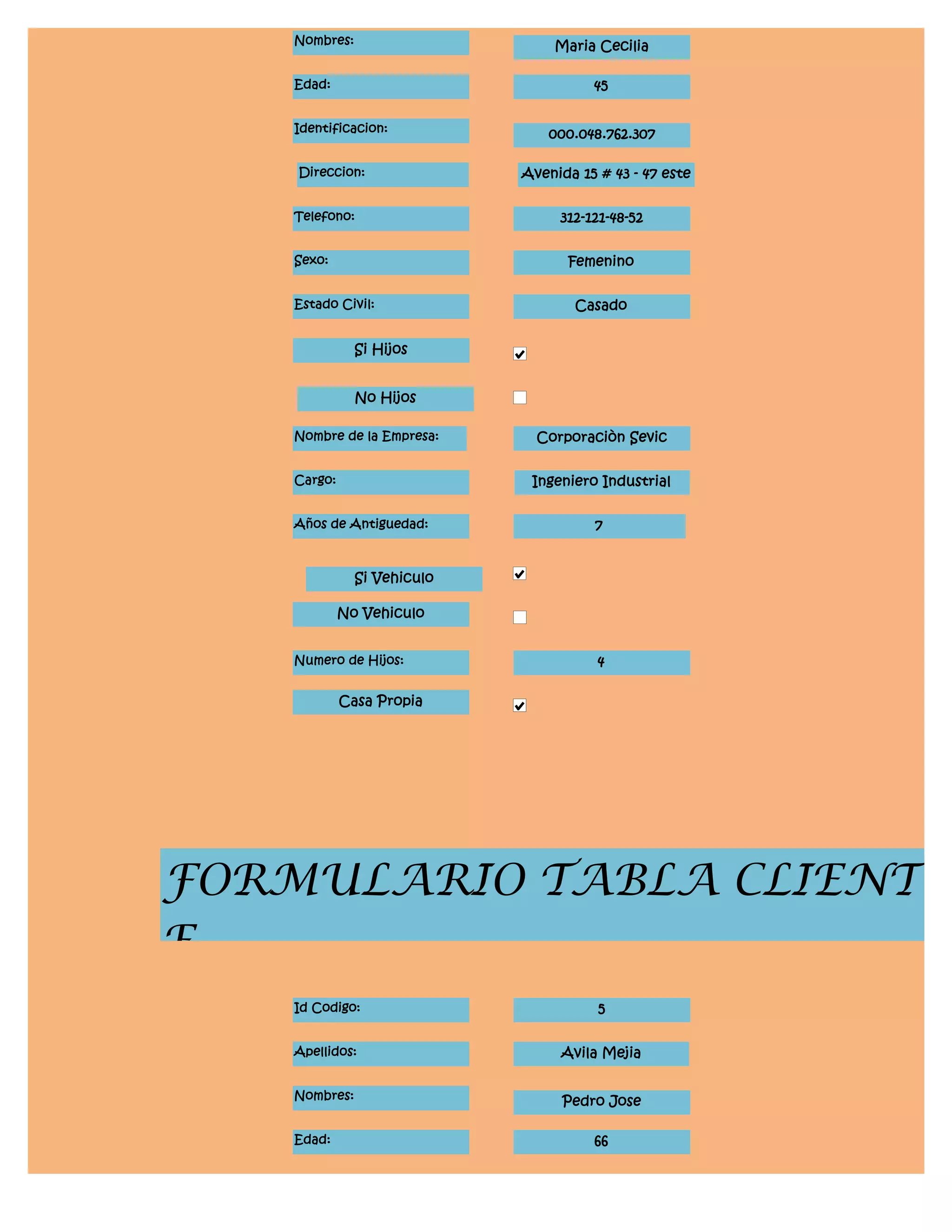Nombres:                     Maria Cecilia

    Edad:                              45


    Identificacion:             000.048.762.307

    Direccion:               Avenida 15 # 43 - 47 este


    Telefono:                     312-121-48-52


    Sexo:                          Femenino


    Estado Civil:                   Casado


               Si Hijos


               No Hijos

    Nombre de la Empresa:      Corporaciòn Sevic


    Cargo:                    Ingeniero Industrial


    Años de Antiguedad:                7


               Si Vehiculo

             No Vehiculo


    Numero de Hijos:                    4

             Casa Propia




FORMULARIO TABLA CLIENT
E
    Id Codigo:                          5


    Apellidos:                    Avila Mejia


    Nombres:                      Pedro Jose

    Edad:                              66
 