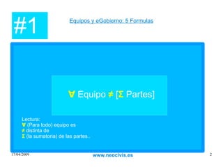 El eGobierno es una acción fundamentalmente de conjunto, donde la interacción entre personas debe producir resultados satisfactorios para  todas las partes.   www.neocivis.es eGobierno  Equipos  Acción  