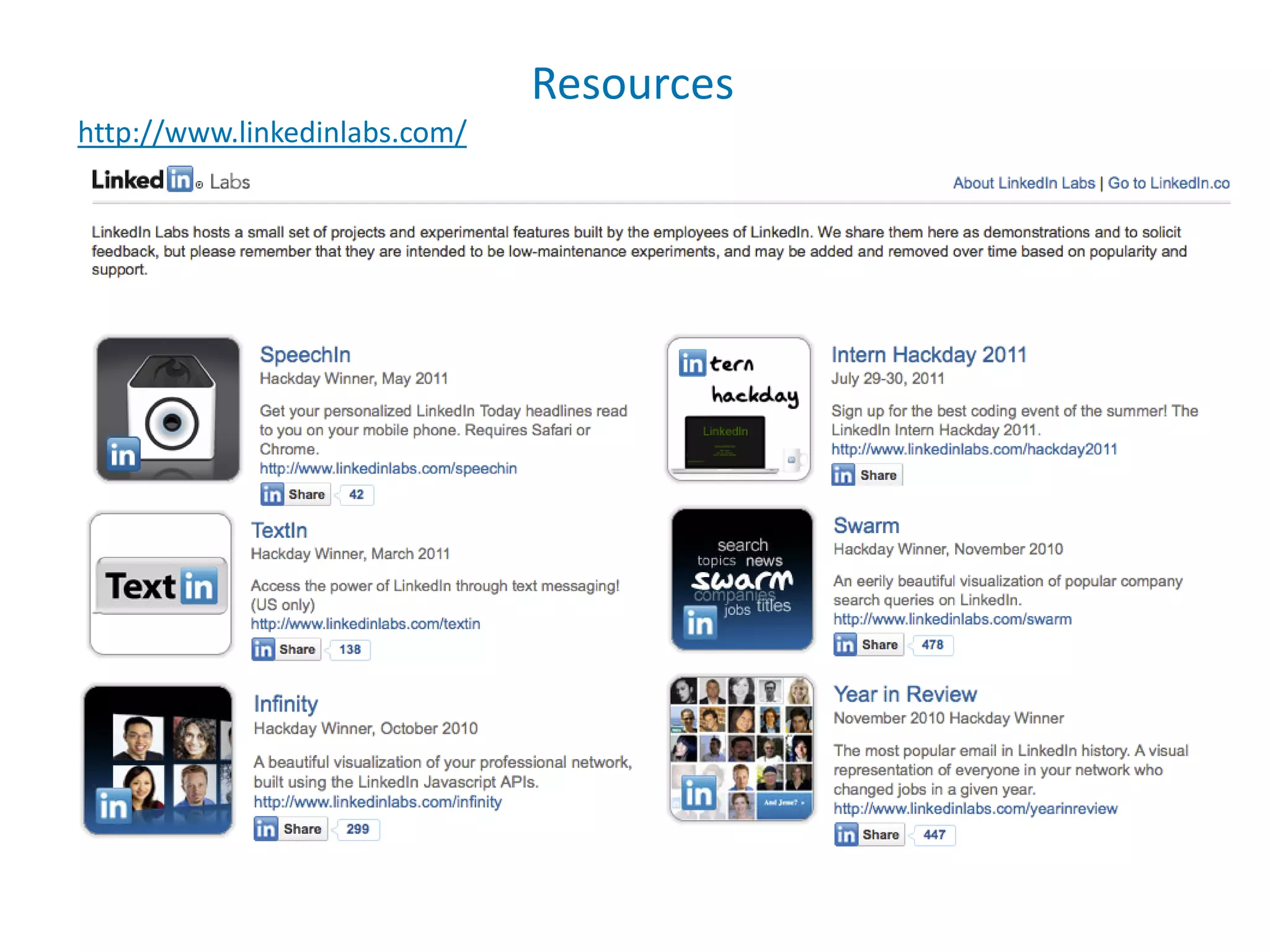 Resources
http://www.linkedinlabs.com/
 