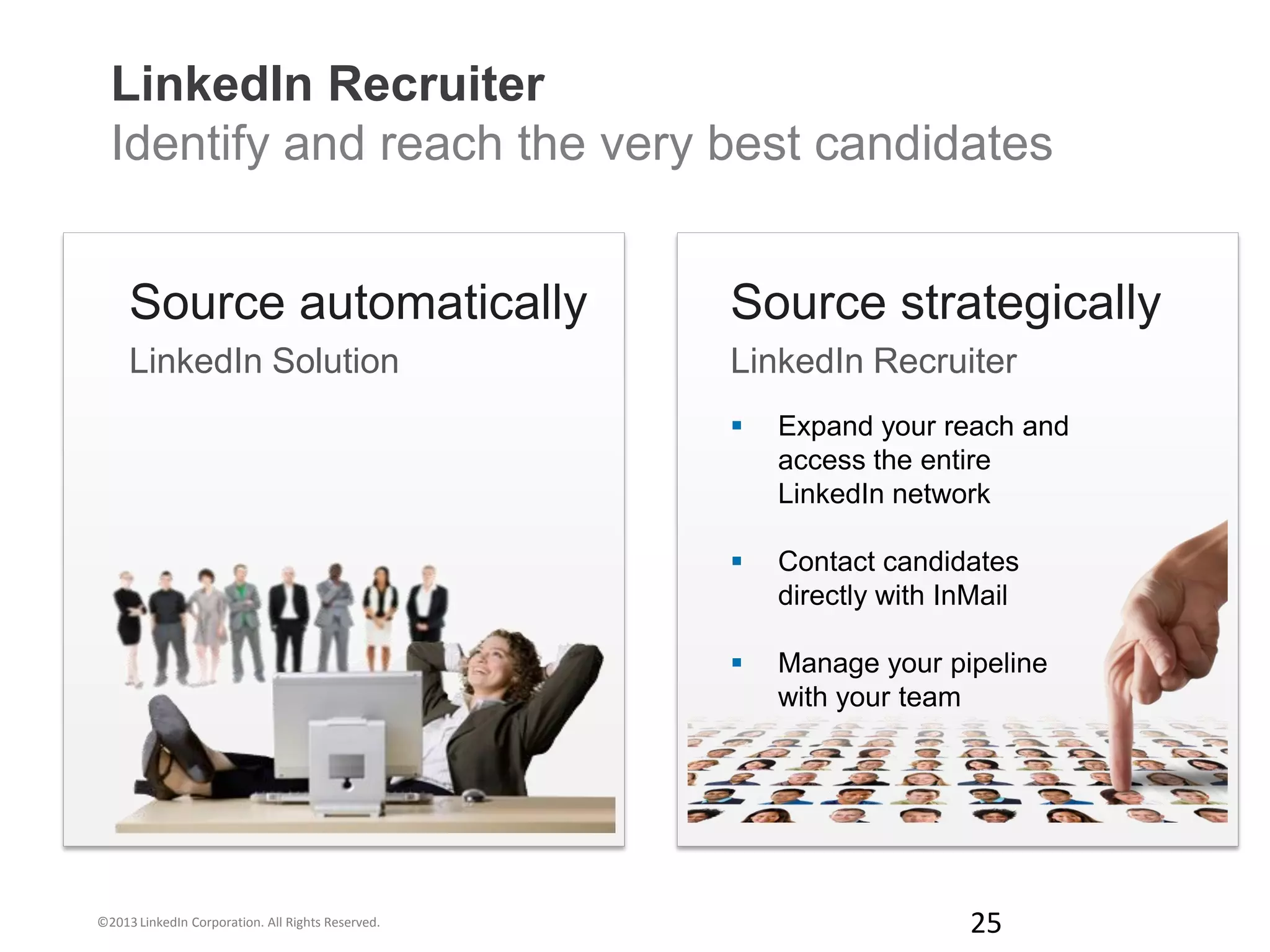 LinkedIn Recruiter
Identify and reach the very best candidates
Source automatically
LinkedIn Solution
Source strategically
LinkedIn Recruiter
 Expand your reach and
access the entire
LinkedIn network
 Contact candidates
directly with InMail
 Manage your pipeline
with your team
©2013 LinkedIn Corporation. All Rights Reserved. 25
 