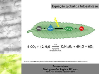 Equação global da fotossíntese




http://api.ning.com/files/IafMIWLlDtxzRyGNULG4k1ndJVAQ3Qcvf1s99TYa3-A6wP*hJ-RMBF570C9FXW61*e-YUpMt6Dcho7qkKtGIUUyp2gJdGXh2/Fotossintese.jpg




                                                 Fotossíntese
                                         Biologia e Geologia – 10º ano
                                               Maria João Drumond / fevereiro 2013
 