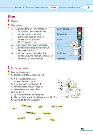 Bilan
135
Grammaire
Pratique
Atelier A B 7
Bilan
1. … 
demander à un / une ami(e) ce
qu’il(elle) a fait samedi dernier.
Qu’est-ce que …?
2. … 
dire ce que vous avez fait. 	
(Rencontre avec les amis…)
D’abord, j’ai …
3. … 
dire ce que vous portez. 	
(Pull / pantalon …)
Je suis …
4. … 
dire comment vous vous sentez. Je …
5. … 
dire que vous avez aidé quelqu’un. 	
(Ami / petit frère …)
J’ai …
6. … 
dire ce que vous avez donné à
quelqu’un. (Livre / cahier / journal …)
J’ai donné …
7. … être d’accord avec une idée. C’est une …
Parler
Vous pouvez …	
En forme  (G 23)
Formez des phrases. 	
Certaines variantes sont possibles !
1.  A la fête, les gens sont  ?  .
2. 
La musique n’est pas  ?  .
3.  Il y a des gaufres. Elles sont  ?  .
4.  Mme Chabane met une robe  ?  .
5.  Noah danse avec une  ? fille.
6.  Il est très  ?  .
7.  Le  ? frère de Noah ne danse pas.
8.  Mais après la fête, il dit: «Lilou est une fille  ?  .»
9.  Gabriel porte une casquette  ?  .
1
2
fantastique
noir et blanc
content
joli
bon
intéressant
mauvais
bleu
grand
 