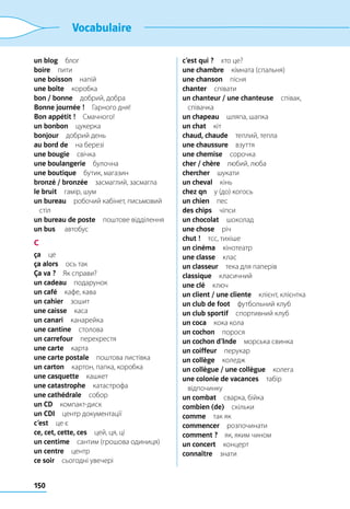 150
Vocabulaire
un blog блог
boire пити
une boisson напій
une boîte коробка
bon / bonne  добрий, добра
Bonne journée !  Гарного дня!
Bon appétit ! Смачного!
un bonbon цукерка
bonjour  добрий день
au bord de  на березі
une bougie свічка
une boulangerie булочна
une boutique  бутик, магазин
bronzé / bronzée  засмаглий, засмагла
le bruit  гамір, шум
un bureau  робочий кабінет, письмовий
стіл
un bureau de poste  поштове відділення
un bus  автобус
C
ça це
ça alors  ось так
Ça va ?  Як справи?
un cadeau подарунок
un café  кафе, кава
un cahier зошит
une caisse каса
un canari канарейка
une cantine столова
un carrefour перехрестя
une carte карта
une carte postale  поштова листівка
un carton  картон, папка, коробка
une casquette кашкет
une catastrophe катастрофа
une cathédrale собор
un CD компакт-диск
un CDI  центр документації
c’est  це є
ce, cet, cette, ces  цей, ця, ці
un centime  сантим (грошова одиниця)
un centre центр
ce soir  сьогодні увечері
c’est qui ?  хто це?
une chambre  кімната (спальня)
une chanson пісня
chanter співати
un chanteur / une chanteuse співак,
співачка
un chapeau  шляпа, шапка
un chat кіт
chaud, chaude  теплий, тепла
une chaussure взуття
une chemise сорочка
cher / chère  любий, люба
chercher шукати
un cheval кінь
chez qn  у (до) когось
un chien пес
des chips чіпси
un chocolat шоколад
une chose річ
chut !  тсс, тихіше
un cinéma кінотеатр
une classe клас
un classeur  тека для паперів
classique класичний
une clé ключ
un client / une cliente  клієнт, клієнтка
un club de foot  футбольний клуб
un club sportif  спортивний клуб
un coca  кока кола
un cochon порося
un cochon d’Inde  морська свинка
un coiffeur перукар
un collège коледж
un collègue / une collègue колега
une colonie de vacances табір
відпочинку
un combat  сварка, бійка
combien (de) скільки
comme  так як
commencer розпочинати
comment ?  як, яким чином
un concert концерт
connaître знати
 