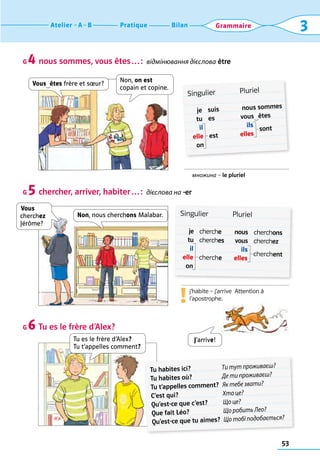53
Bilan
Pratique
Atelier A B 3
Grammaire
nous sommes, vous êtes ...:  відмінювання дієслова être
chercher, arriver, habiter ...:  дієслова на -er
Tu es le frère d’Alex?
G 4
G 5
G 6
множина – le pluriel
j’habite – j’arrive  Attention à 	
l’apostrophe.
!
Non, on est
copain et copine.
Vous  
cherchez  
Jérôme?
Non, nous cherchons Malabar.
Tu es le frère d’Alex?
Tu t’appelles comment?
Singulier	 Pluriel
	 je	 suis	
             nous sommes
	 tu	 es                vous  êtes
	 il		 ils	
	 elle 	 est 	 elles	
sont
	 on	 	 	
Singulier	 Pluriel
	 je	 cherche	 nous	 cherchons
	 tu	 cherches	 vous	 cherchez
	 il	 	 ils	
	 elle 	 cherche 	 elles
	 cherchent
	 on	
Tu habites ici?	
Tu habites où?	
Tu t’appelles comment?	
C’est qui?	
Qu’est-ce que c’est?	
Que fait Léo?	
Qu’est-ce que tu aimes?
Ти тут проживаєш?	
Де ти проживаєш?	
Як тебе звати?	
Хто це?	
Що це?	
Що робить Лео?	
Що тобі подобається?
J’arrive!
Vous  êtes frère et sœur?
 