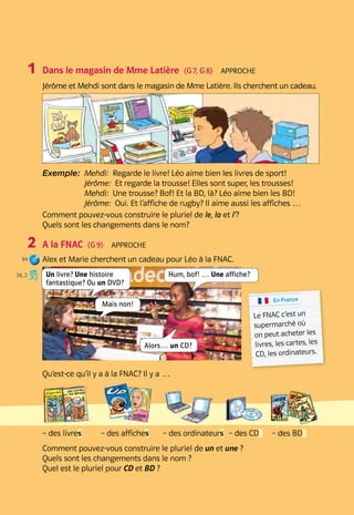 Atelier A
55
Grammaire
Bilan
Pratique
Atelier A B 4
Dans le magasin de Mme Latière  (G 7, G 8)  Approche
Jérôme et Mehdi sont dans le magasin de Mme Latière. Ils cherchent un cadeau.
Exemple: 
Mehdi:  Regarde le livre! Léo aime bien les livres de sport!	
Jérôme:  Et regarde la trousse! Elles sont super, les trousses!	

Mehdi:  Une trousse? Bof! Et la BD, là? Léo aime bien les BD! 	
Jérôme:  Oui. Et l’affiche de rugby? Il aime aussi les affiches …
Comment pouvez-vous construire le pluriel de le, la et l’? 	
Quels sont les changements dans le nom?
A la FNAC  (G 9)  Approche
Alex et Marie cherchent un cadeau pour Léo à la FNAC.
Qu’est-ce qu’il y a à la FNAC? Il y a …
– 
des livres	 – des affiches	 – des ordinateurs	 – des CD  	 – des BD  
Comment pouvez-vous construire le pluriel de un et une ?	
Quels sont les changements dans le nom ?	
Quel est le pluriel pour CD et BD ?
1
2
38, 2
84
Un livre? Une histoire
­
fantastique? Ou un DVD?
Mais non!
Alors… un CD?
Hum, bof! … Une affiche?
En France
Le FNAC c’est un
supermarché où
on peut acheter les
livres, les cartes, les
CD, les ordinateurs.
 