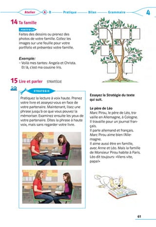 61
Grammaire
Bilan
Pratique
Atelier A B 4
Ta famille
portfolio
Faites des dessins ou prenez des 	
photos de votre famille. Collez les 	
images sur une feuille pour votre 	
portfolio et présentez votre famille.
Exemple:
– 
Voilà mes tantes: Angela et Christa. 	
Et là, c’est ma cousine Iris.
Lire et parler  Stratégie
14
15
Pratiquez la lecture à voix haute. Prenez
votre livre et asseyez-vous en face de
votre partenaire. Maintenant, lisez une
phrase jusqu’à ce que vous pouvez la
mémoriser. Examinez ensuite les yeux de
votre partenaire. Dites la phrase à haute
voix, mais sans regarder votre livre.
strategie
Essayez la Stratégie du texte 	
qui suit.
Le père de Léo
Marc Pirou, le père de Léo, tra-
vaille en Allemagne, à Cologne. 	
Il travaille pour un journal fran-
çais.
Il parle allemand et français.
Marc Pirou aime bien l’Alle-
magne.
Il aime aussi être en famille,
avec Anne et Léo. Mais la famille
de Monsieur Pirou habite à Paris.
Léo dit ­
toujours: «Viens vite,
papa!»
 