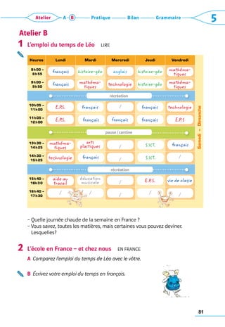 81
Grammaire
Bilan
Pratique
Atelier A B 5
Atelier B
L’emploi du temps de Léo  Lire
– Quelle journée chaude de la semaine en France ?
– Vous savez, toutes les matières, mais certaines vous pouvez deviner. 	
   Lesquelles?
L’école en France – et chez nous  En France
A	
Comparez l’emploi du temps de Léo avec le vôtre.
B	 Écrivez votre emploi du temps en français.
1
2
Heures Lundi Mardi Mercredi Jeudi Vendredi
Samedi
–
Dimanche
  8 h 00 –
  8 h 55
mathéma-
tiques
  9 h 00 –
  9 h 50
mathéma-
tiques
mathéma-
tiques
10 h 05 –
11 h 00
11 h 05 –
12 h 00
13 h 30 –
14 h 25
mathéma-
tiques
14 h 30 –
15 h 25
récréation
15 h 40 –
16h 3 0
aide au
travail
16 h 40 –
17 h 30
français histoire-géo anglais histoire-géo
français technologie histoire-géo
récréation
E.P
.S. français / français technologie
E.P
.S. français français français E.P
. S
pause / cantine
arts
­plastiques / S.V.T. français
technologie français / S.V.T. /
éducation
musicale / E.P
. S. vie de classe
/ /
/
/ /
 