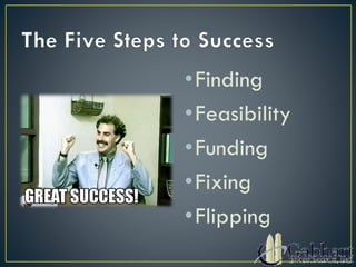 •Finding
•Feasibility
•Funding
•Fixing
•Flipping
 
